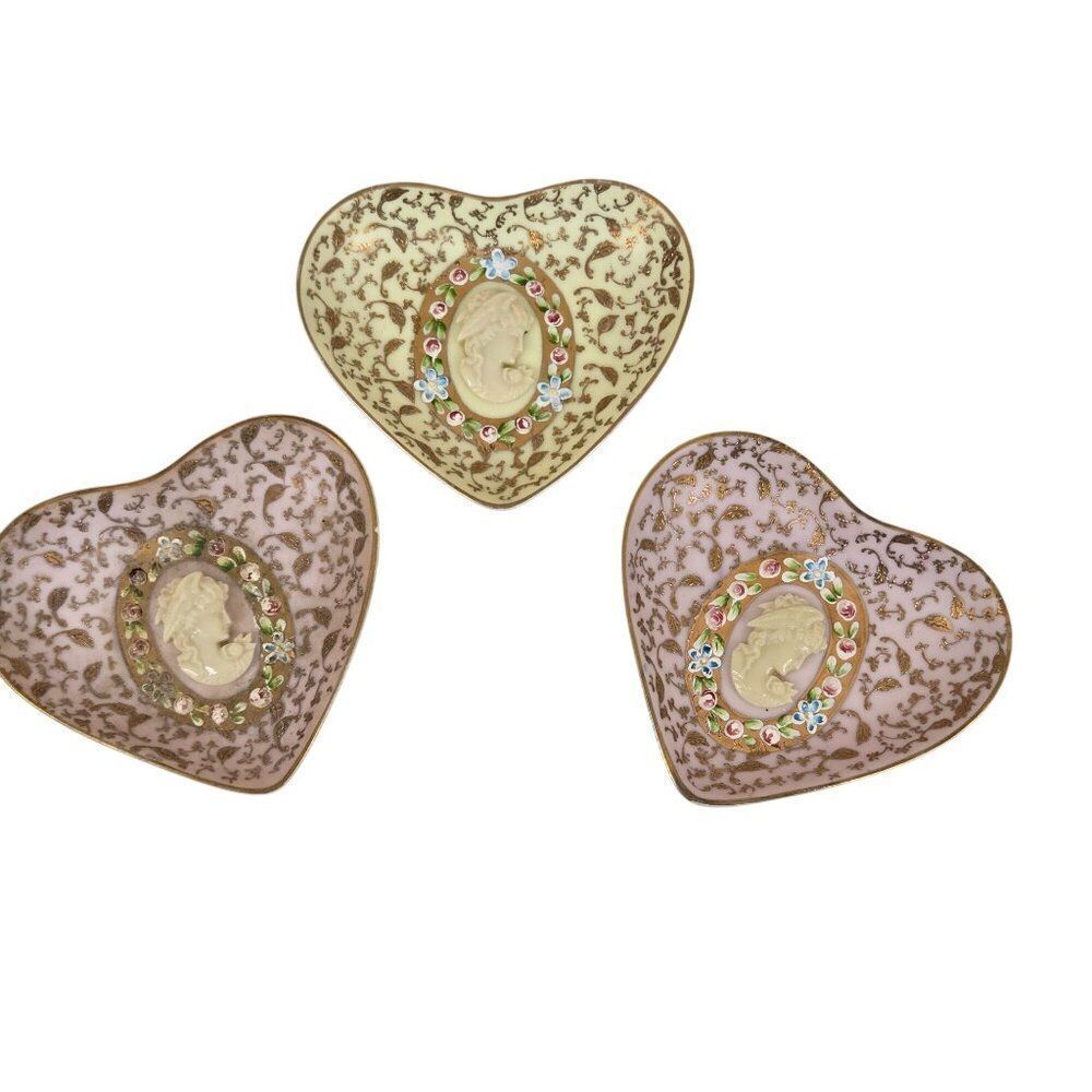Vintage Heart Porcelain Trinket Dishes Cameo Lenwile Ardalt Floral Set Of 3